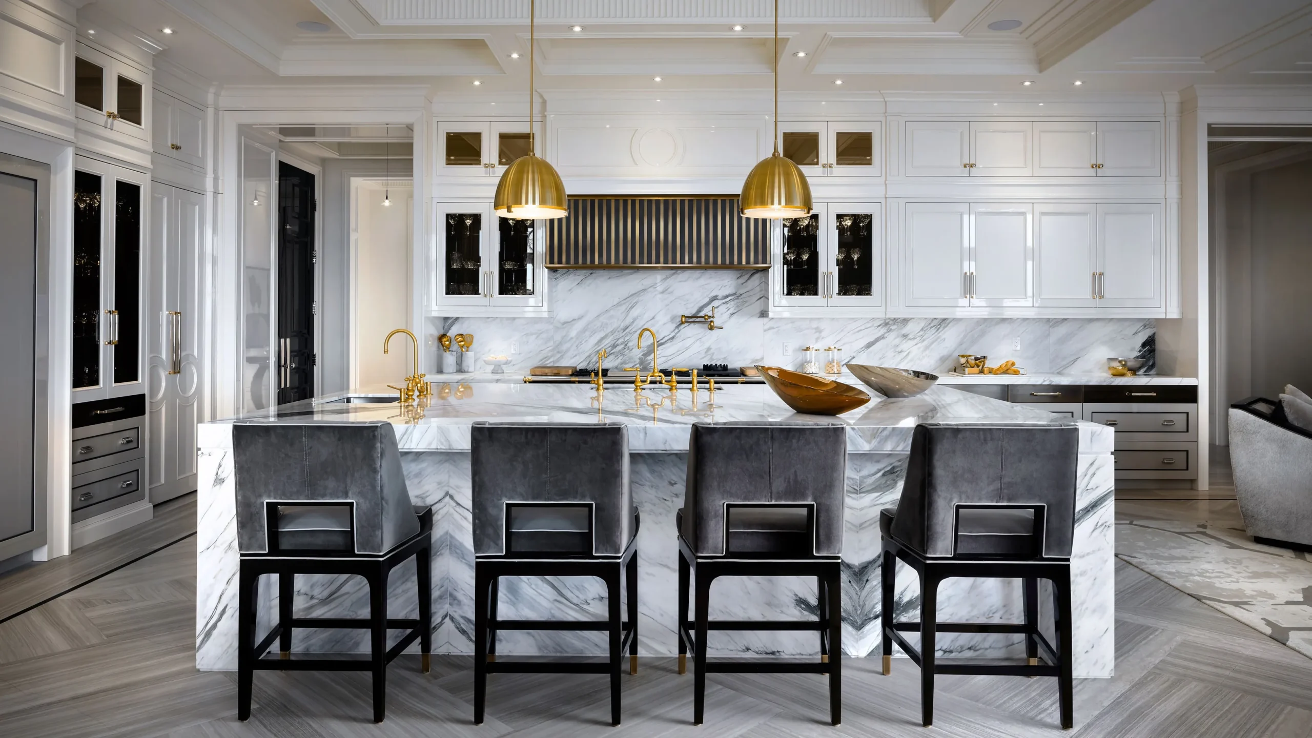 Slate blue galley kitchen with quartz counters and a marble backsplash