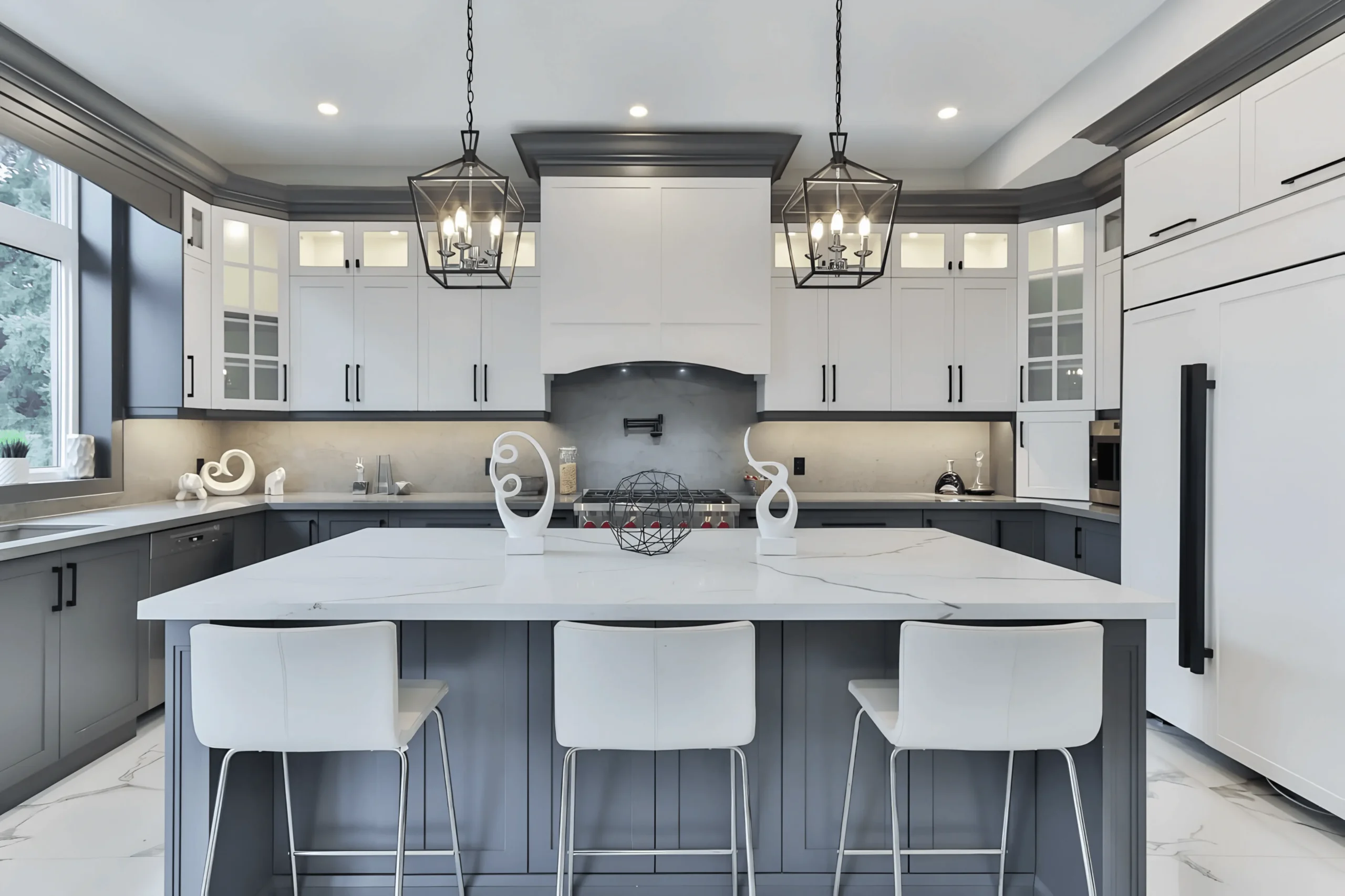 Greige and oak kitchen with a quartz peninsula overlooking the lake