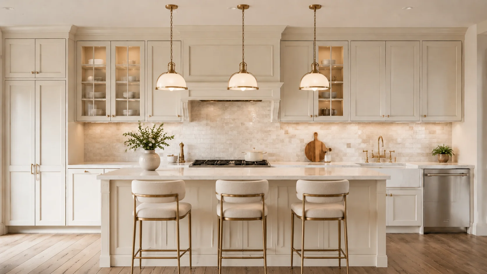 Cream classic kitchen with glass-front cabinetry and brass dome pendants