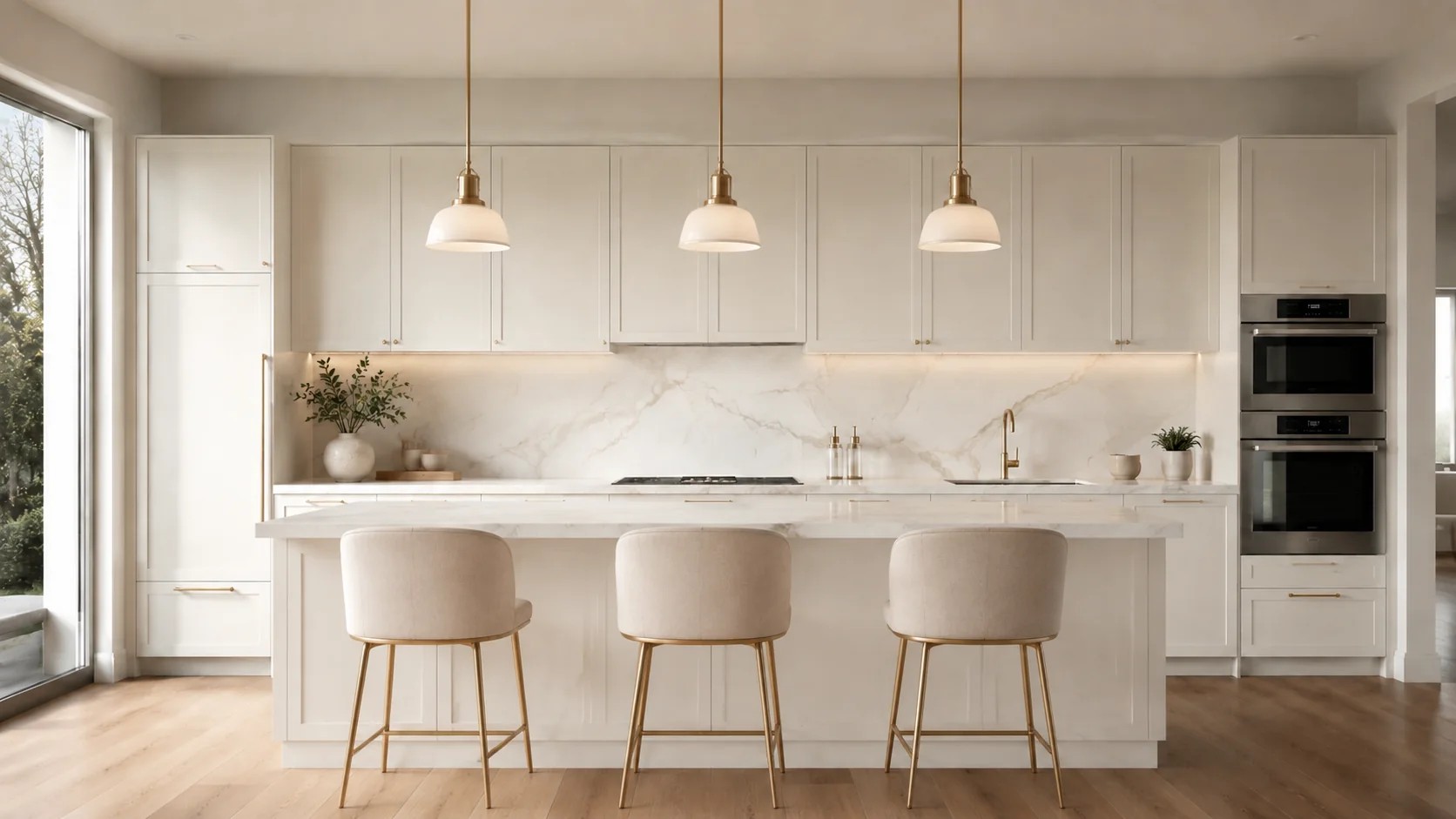 Ivory minimal kitchen with brass hardware and a marble island