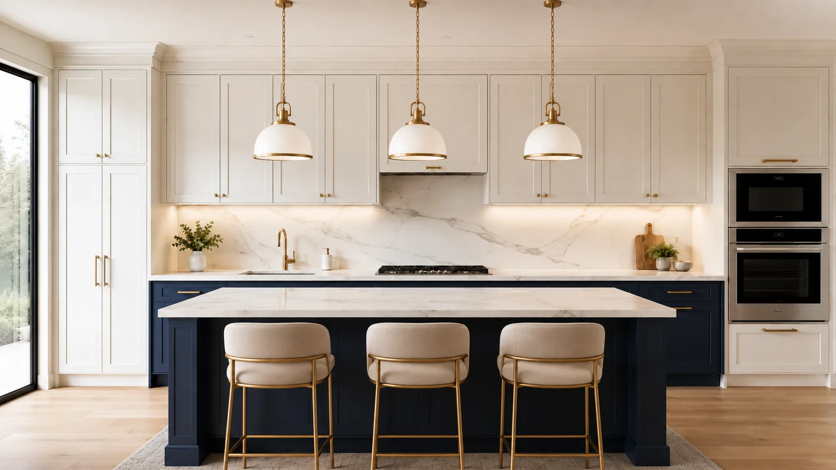 Navy island with ivory perimeter cabinetry and a marble backsplash